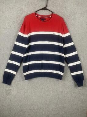 Tommy Hilfiger Sweater Mens Large Blue Red Striped Long Sleeve Knit Cotton